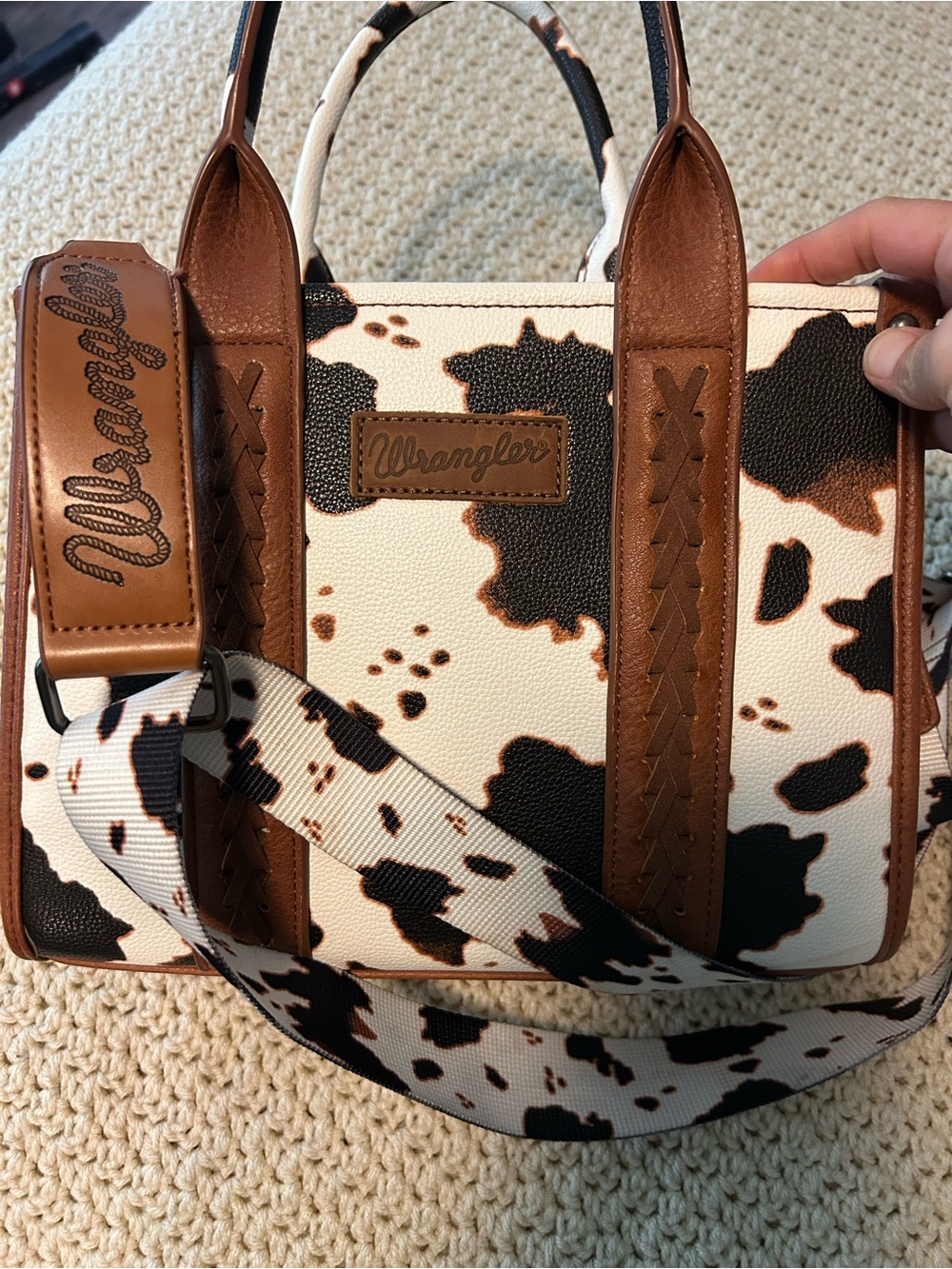 Wrangler Brown and White Cow Print Satchel with Leather Trim - Picture 5 of 8